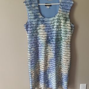 Petites ruffled bodycon short dress. Multi colour in light blue cream Size XL